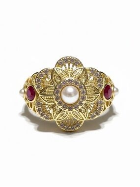 FLORAL CZ PEARL ADJUSTABLE RING